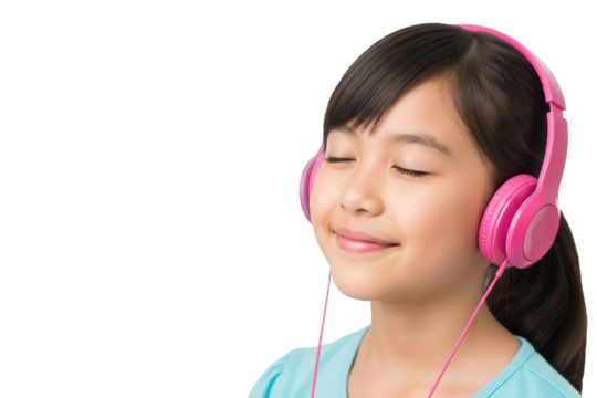 Smiling young girl with closed eyes enjoying peaceful music through bright pink headphones, feeling relaxed and happy in quiet moment