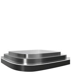 Three-tiered rectangular metallic platform in grayscale with smooth reflective surfaces, dark rimmed edges, and minimalist modern design for product display or presentation stand.