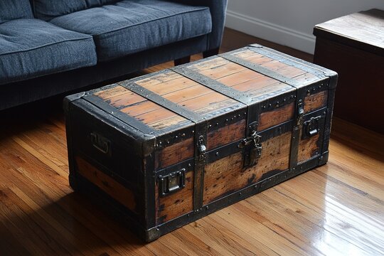 vintage steamer trunk repurposed as coffee table