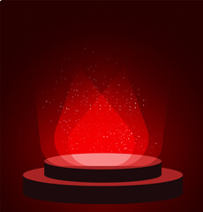 Two-tiered dark burgundy circular podium on deep red background with soft red spotlight, glowing light particles, and teardrop-shaped red light sources creating a dramatic effect.