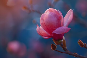 Close up of a beautiful pink magnolia flower blooming on a branch in a garden during a spring sunset