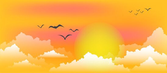 Peaceful sunset scene with bright yellow sun, fluffy white clouds, and flying bird silhouettes against a warm gradient sky