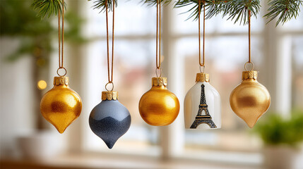 Elegant Gold and Blue Christmas Ornaments Hanging from Pine Branch