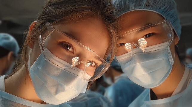 Surgical Team: Two dedicated surgeons, with focused eyes and unwavering determination, stand prepared in a sterile operating room, embodying precision and expertise in medical care.