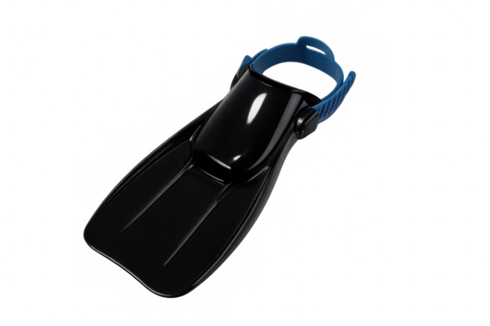 Modern black diving flipper with blue adjustable strap isolated on transparent background, perfect for underwater exploration
