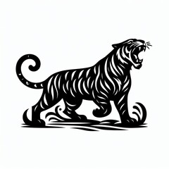 Stylized black and white illustration of a roaring tiger