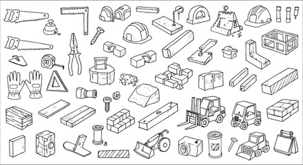 Extensive collection of hand-drawn construction tools, building materials, and heavy machinery, including saws, bricks, rocks, hard hats, forklifts, and more.