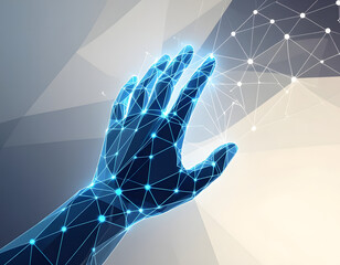 Low Poly Wireframe Robotic Hand with Blue Neon Tech Grid