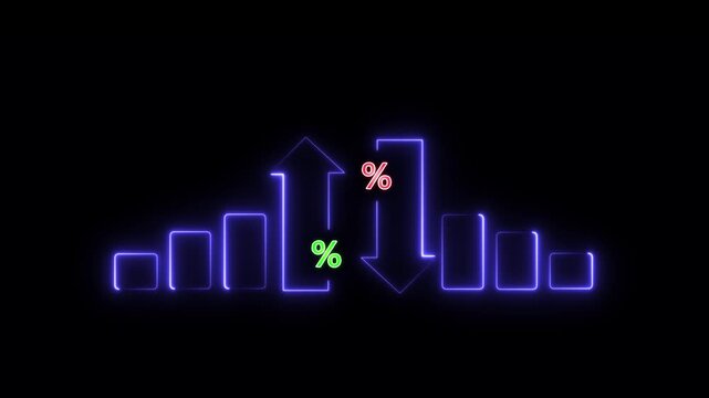 Glowing neon graph of Cost and quality control concept. Successful organization strategy and management. Percentage icon of quality and cost with up and down ,neon line blinking animation.