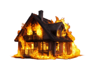 Burning Home with Flames Spreading from Windows isolated on White or transparent background PNG