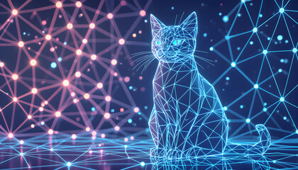 Low Poly Wireframe Cat with Glowing Blue Neon Lines