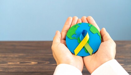 Two hands holding Earth wrapped in a blue-and-yellow ribbon—symbol of global care, awareness, and hope through unity.
