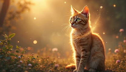 Mystical Cat in a Golden Garden
