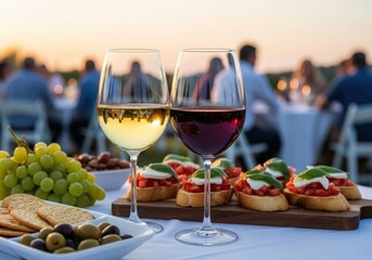 Two wine glasses with white and red wine at an outdoor gathering image