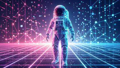 Low Poly Wireframe Astronaut Floating in Glowing Tech Space