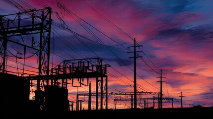 Silhouette of power station at sunset