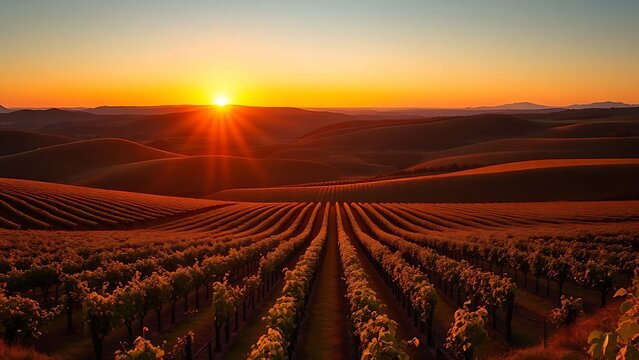 Panoramic view of a vineyard at sunset, with rolling hills and neat rows of grapevines in golden light.