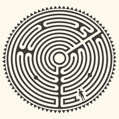 Draw an intricate labyrinth design, focusing on circular black lines forming a maze