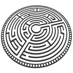 Draw an intricate labyrinth design, focusing on circular black lines forming a maze