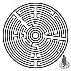 Draw an intricate labyrinth design, focusing on circular black lines forming a maze