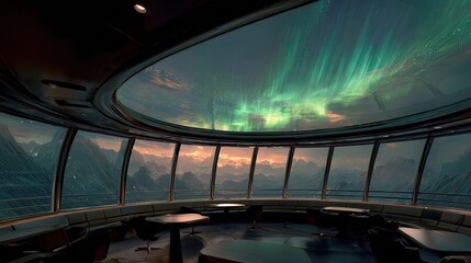 Obraz premium Circular room, aurora borealis, mountain view