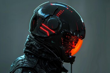 Fototapeta premium Cyberpunk motorcyclist wearing futuristic helmet with glowing visor and red lights