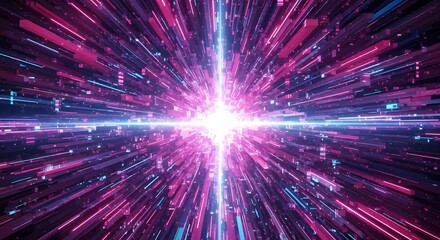 Obraz premium Abstract digital art with vibrant pink and purple hues, featuring dynamic geometric shapes and a sense of motion and depth