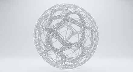 Obraz premium A silver geometric sphere made of interconnected lines and glowing nodes on a bright background.