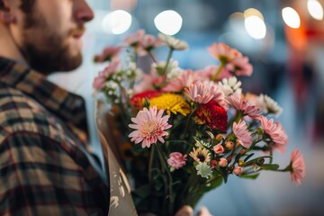 Man holds a vibrant bouquet of flowers, a symbol of love, celebration, or a thoughtful gesture