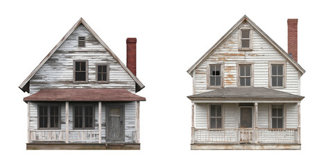 Vintage White House with Peeling Paint and Brick Chimney isolated on White or transparent background