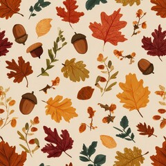 Autumn themed pattern with leaves and acorns on a beige background, in warm, earthy tones
