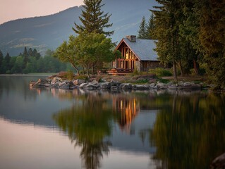 A serene lakeside cabin scene, reflecting in still water, framed by a mountainous backdrop at dawn. A picturesque log cabin in a tranquil location.
