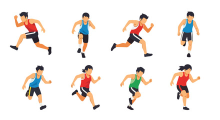 
flat style illustration set of diverse sprinters in various dynamic running poses, capturing the speed and energy of track and field athletes in action