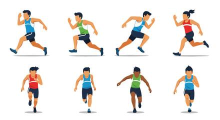 
flat style illustration set of diverse sprinters in various dynamic running poses, capturing the speed and energy of track and field athletes in action
