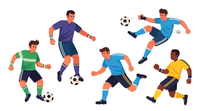 flat style illustration set of soccer players in dynamic poses: kicking, running, jumping for the ball, and goalkeeping, representing the energy of football