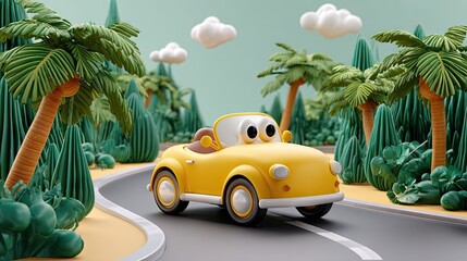 Cartoon car driving through tropical landscape