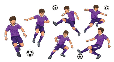 flat style illustration set of soccer players in dynamic poses: kicking, running, jumping for the ball, and goalkeeping, representing the energy of football
