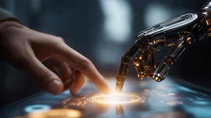 A human hand and robotic hand touching a screen and the future world technology, symbolizes the intersection of human and machine.