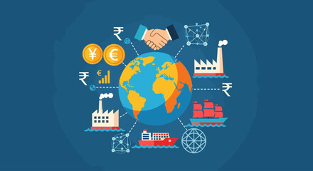 Global economic illustration depicting international trade, finance, and collaboration.