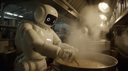 A modern robot chef is at work in a professional kitchen, stirring a steaming pot. This photo embodies the cutting edge of culinary technology and innovation.