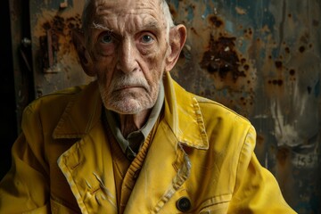 Obraz premium Portrait of a serious senior mechanic wearing a yellow jacket, posing in a derelict industrial environment