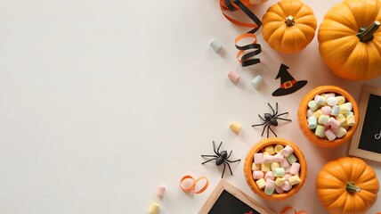 A festive halloween flat lay featuring pumpkins candy and spooky decorations on a light background