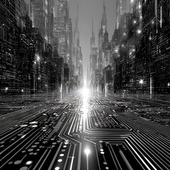 Abstract black and white urban cityscape at night with traffic on a downtown road, highlighting modern city architecture and old buildings