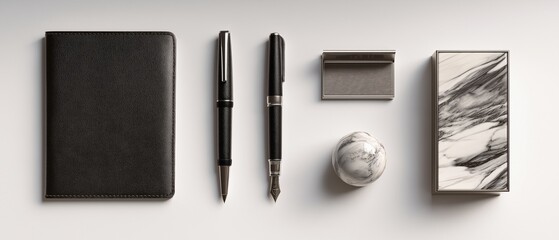 An organized office desk setup showcases sophisticated business stationary, highlighting a luxurious aesthetic. The composition includes a sleek notepad, elegant pens, a stylish paper holder.