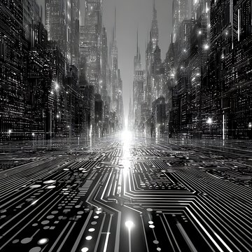 Fototapeta Abstract black and white urban cityscape at night with traffic on a downtown road, highlighting modern city architecture and old buildings