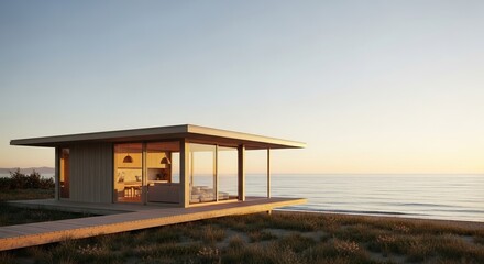 Obraz premium Modern beach house featuring an open floor plan and ocean views at sunset creating a peaceful mood.