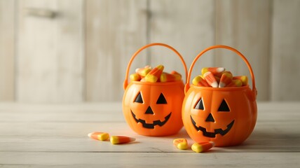 Two cheerful jack o lantern candy buckets overflowing with delicious candy corn on a rustic wooden surface