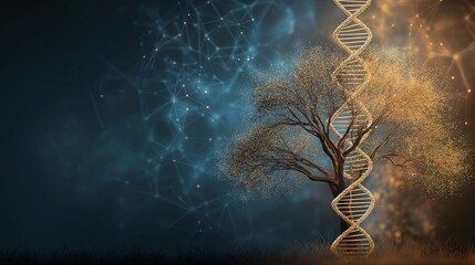 A conceptual and detailed illustration visually merges a double helix DNA structure with a blossoming tree. This symbolizes life, growth, and the intricate genetic blueprint.