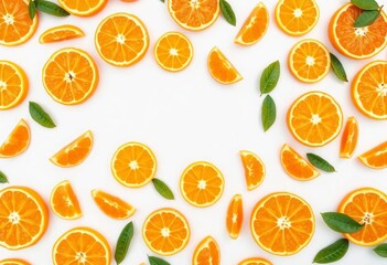 Vibrant pattern of fresh oranges, cut and whole, arranged in a playful design against a white background,  vibrant,  colorful