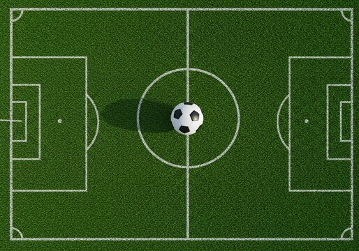 A classic black and white soccer ball rests on the center spot of a green field - Powered by Adobe
